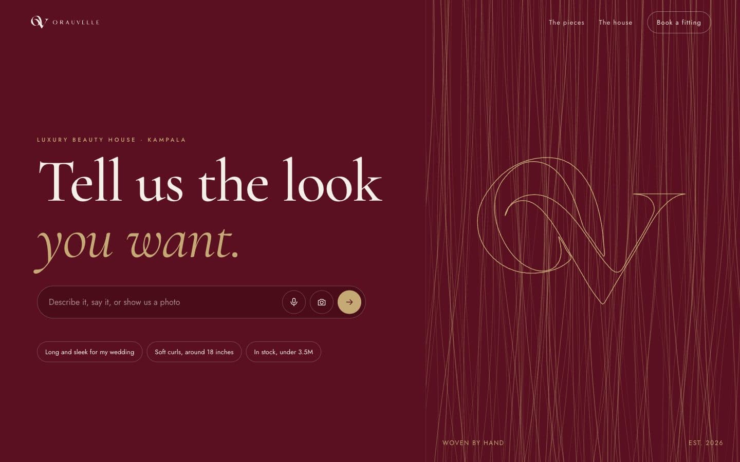 Concept A, The Conversation: a burgundy homepage led by a concierge chat box under the Orauvelle monogram
