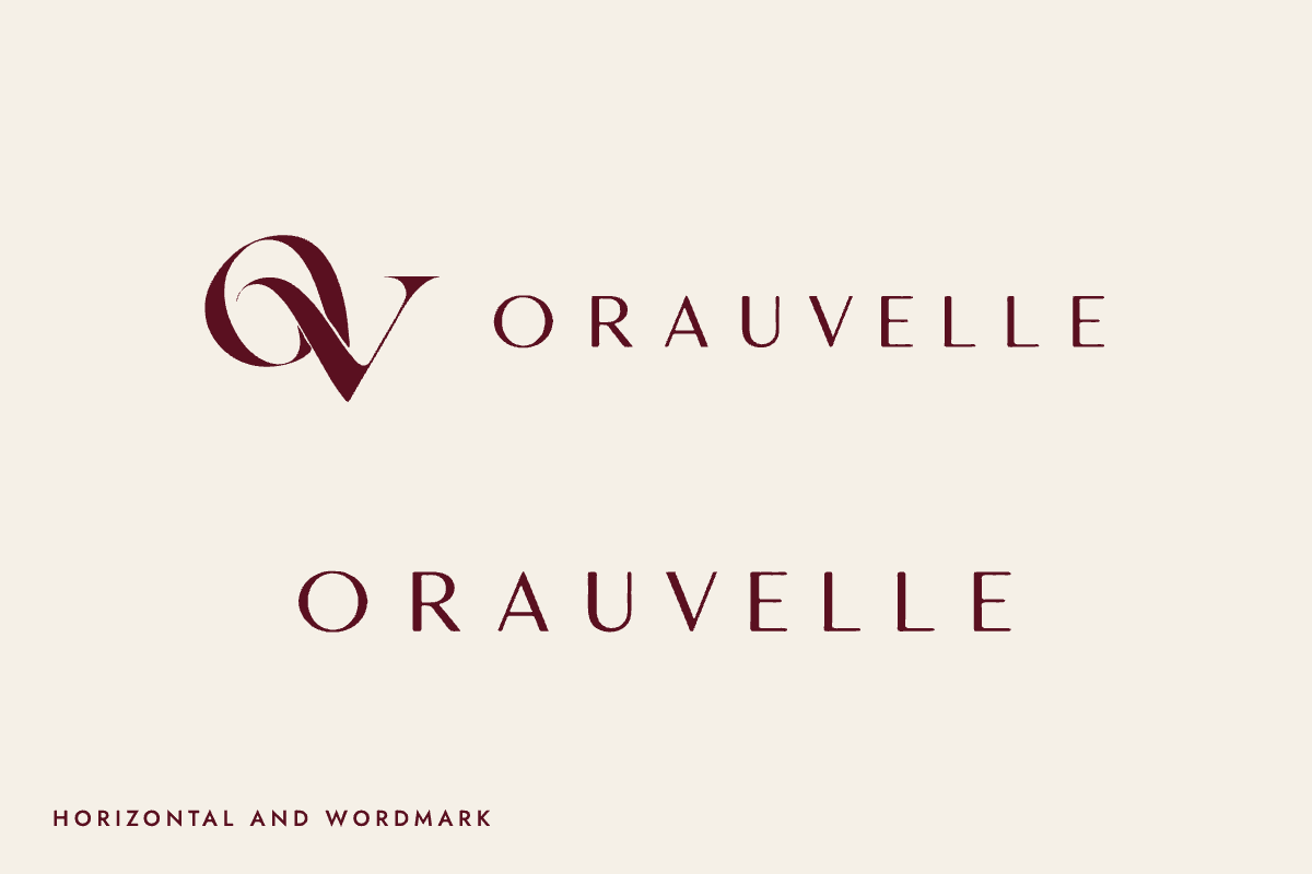 Orauvelle horizontal logo and the name-only wordmark in burgundy