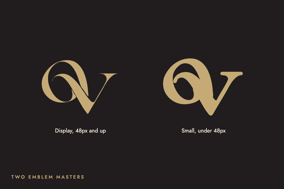 Orauvelle display emblem beside the heavier small-size emblem, champagne on ink