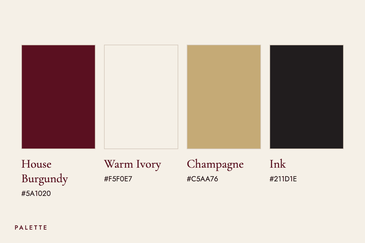 Orauvelle palette: house burgundy, warm ivory, champagne and ink swatches with hex codes