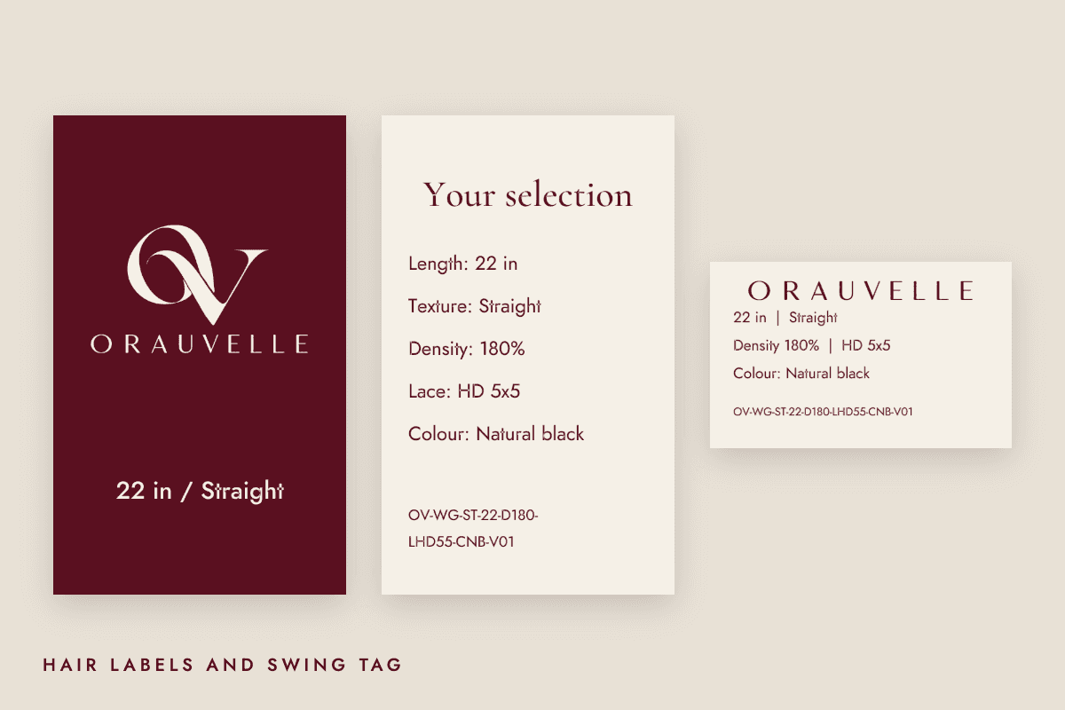 Orauvelle swing tag front and back and a wig cap label showing length, texture, density, lace and colour